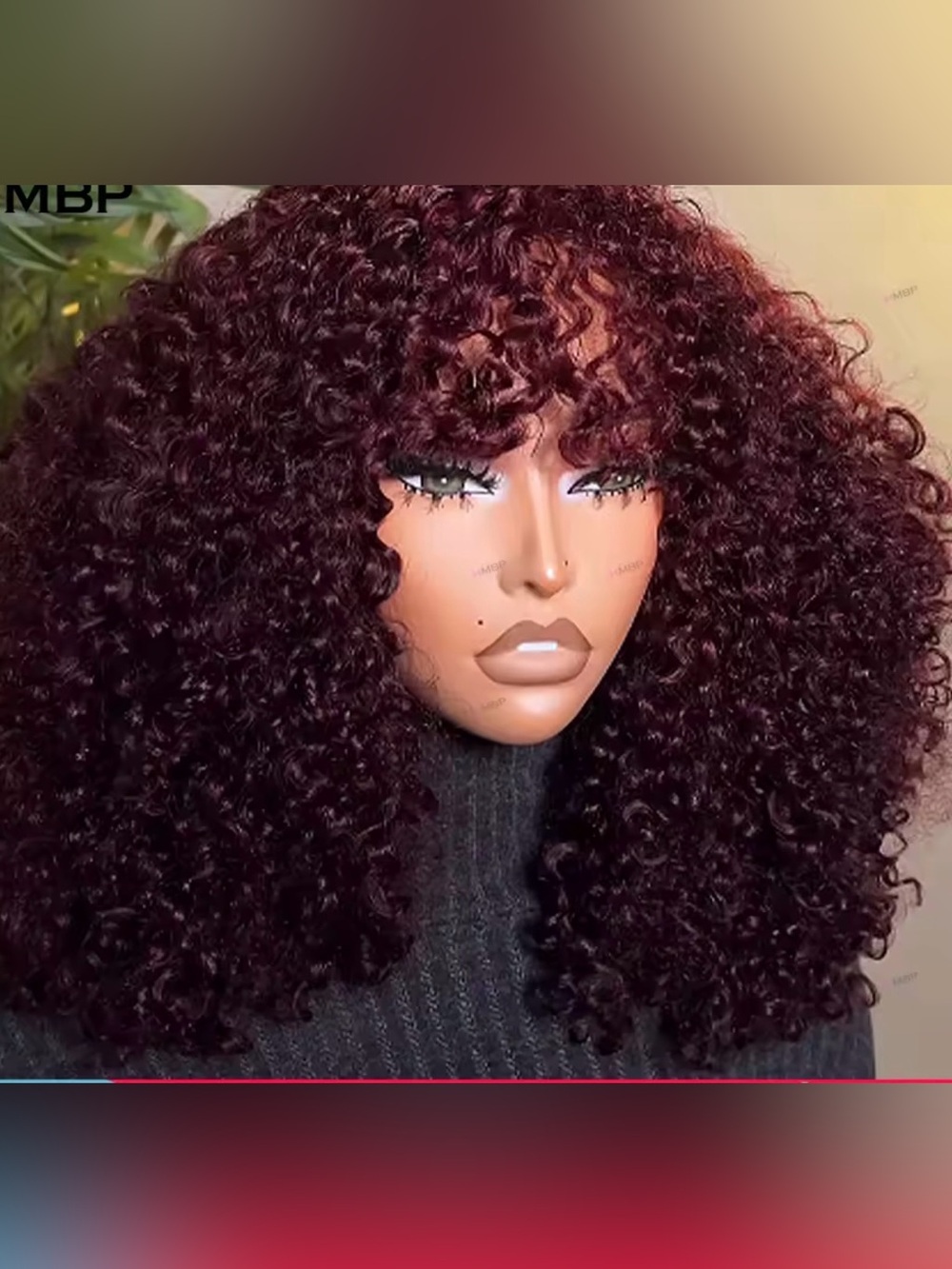 bp Deep Burgundy Curly Wig with Bangs